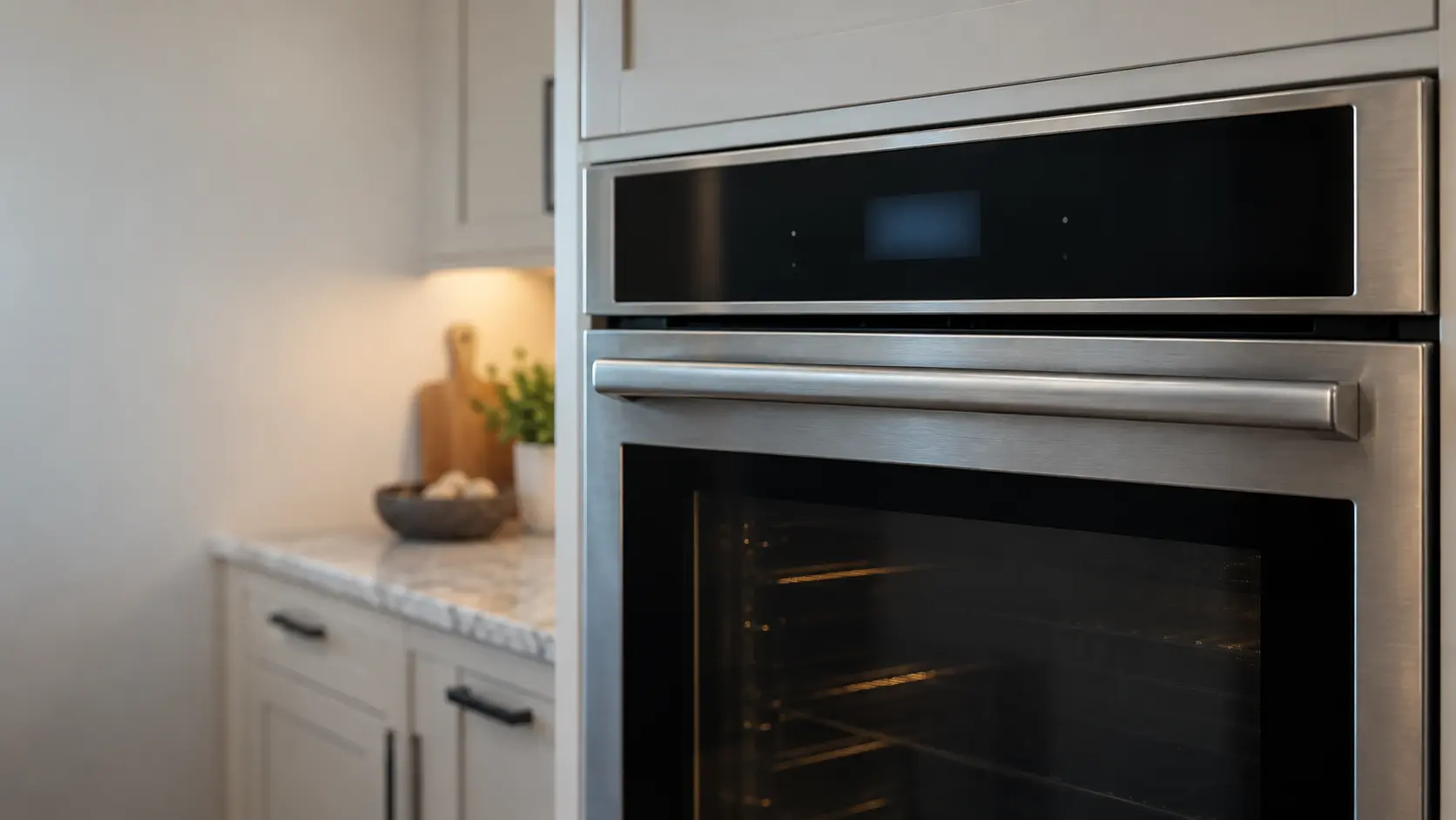 The touch control panel of a built-in wall oven seen close, its display glowing faintly with no readable characters and the dark oven window below it.
