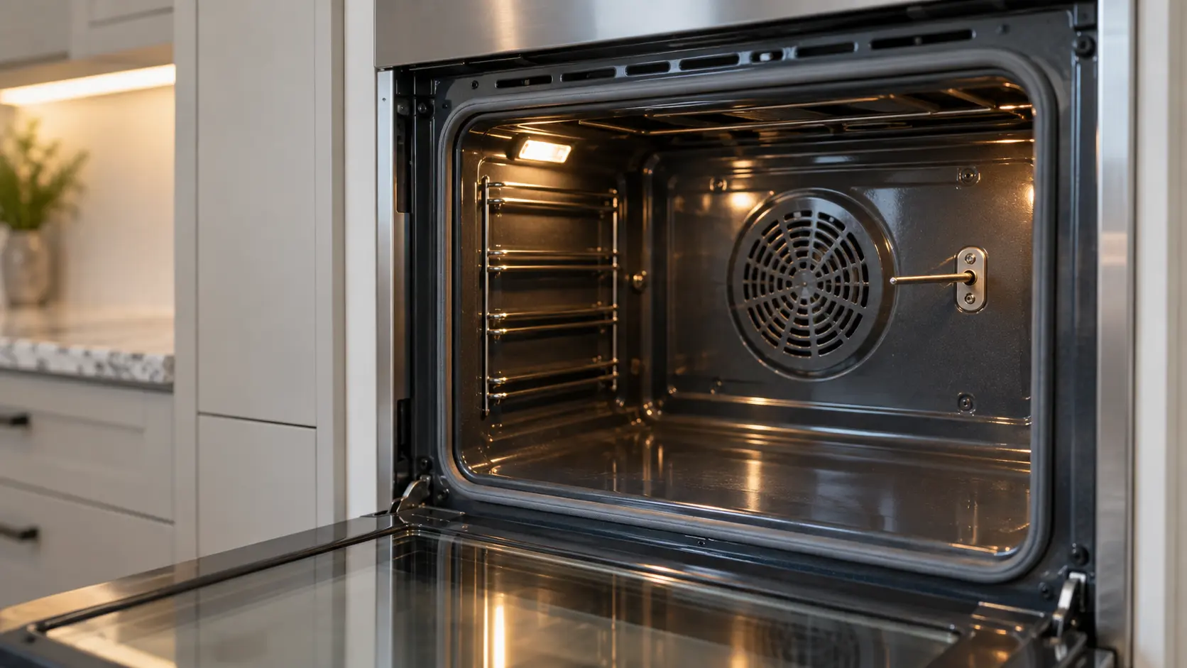 The slim metal temperature probe mounted on the back wall of an empty wall oven cavity, its two screws and the rear convection cover beside it.