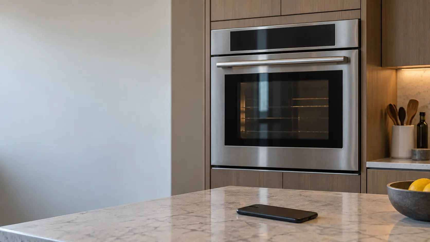 A kitchen counter with a phone lying face down below a closed wall oven, soft daylight.