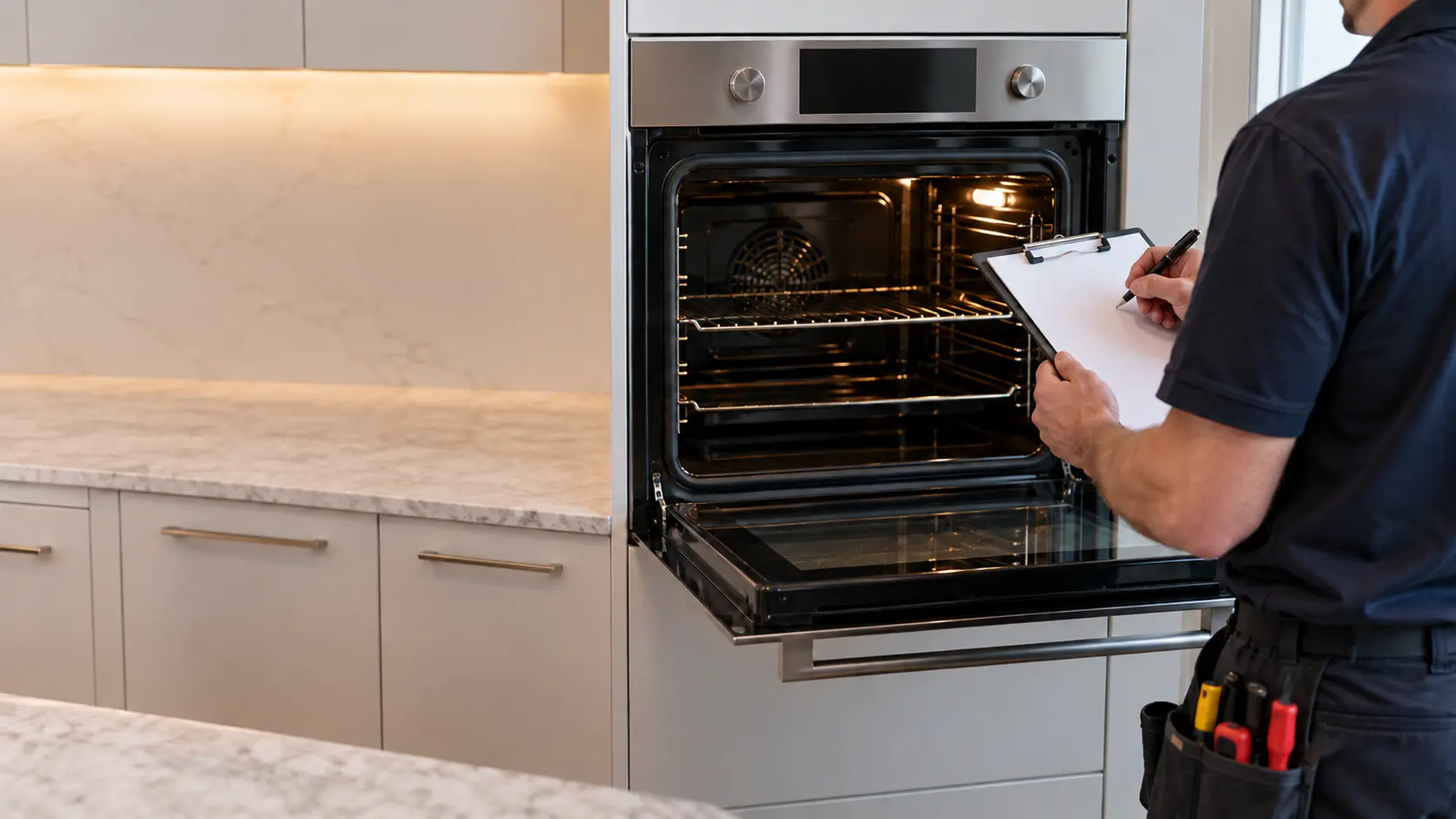 A technician writing on a blank clipboard beside an open wall oven, the page empty of any writing.