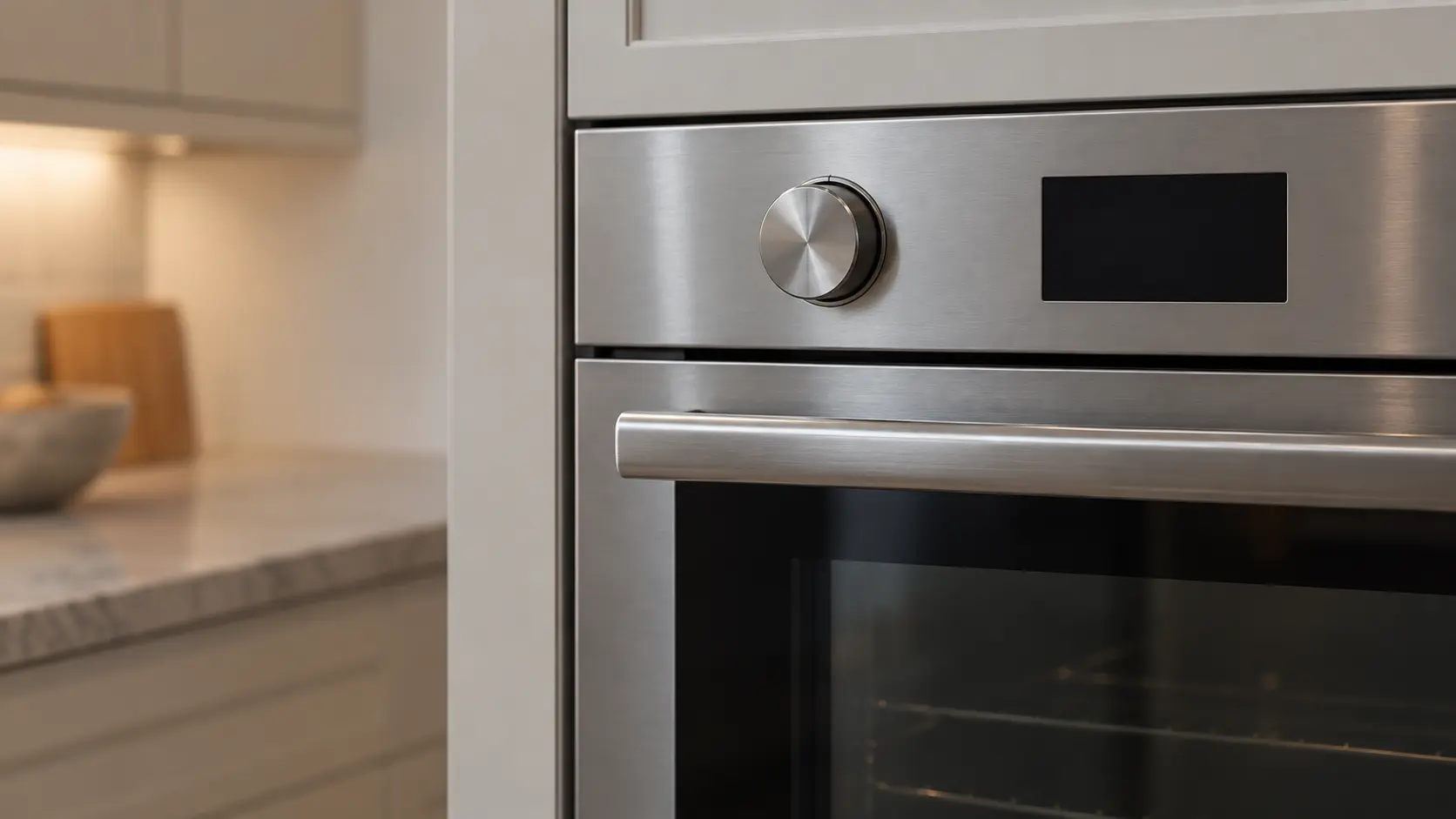 The control knob and small dark display of a wall oven seen close and square on.