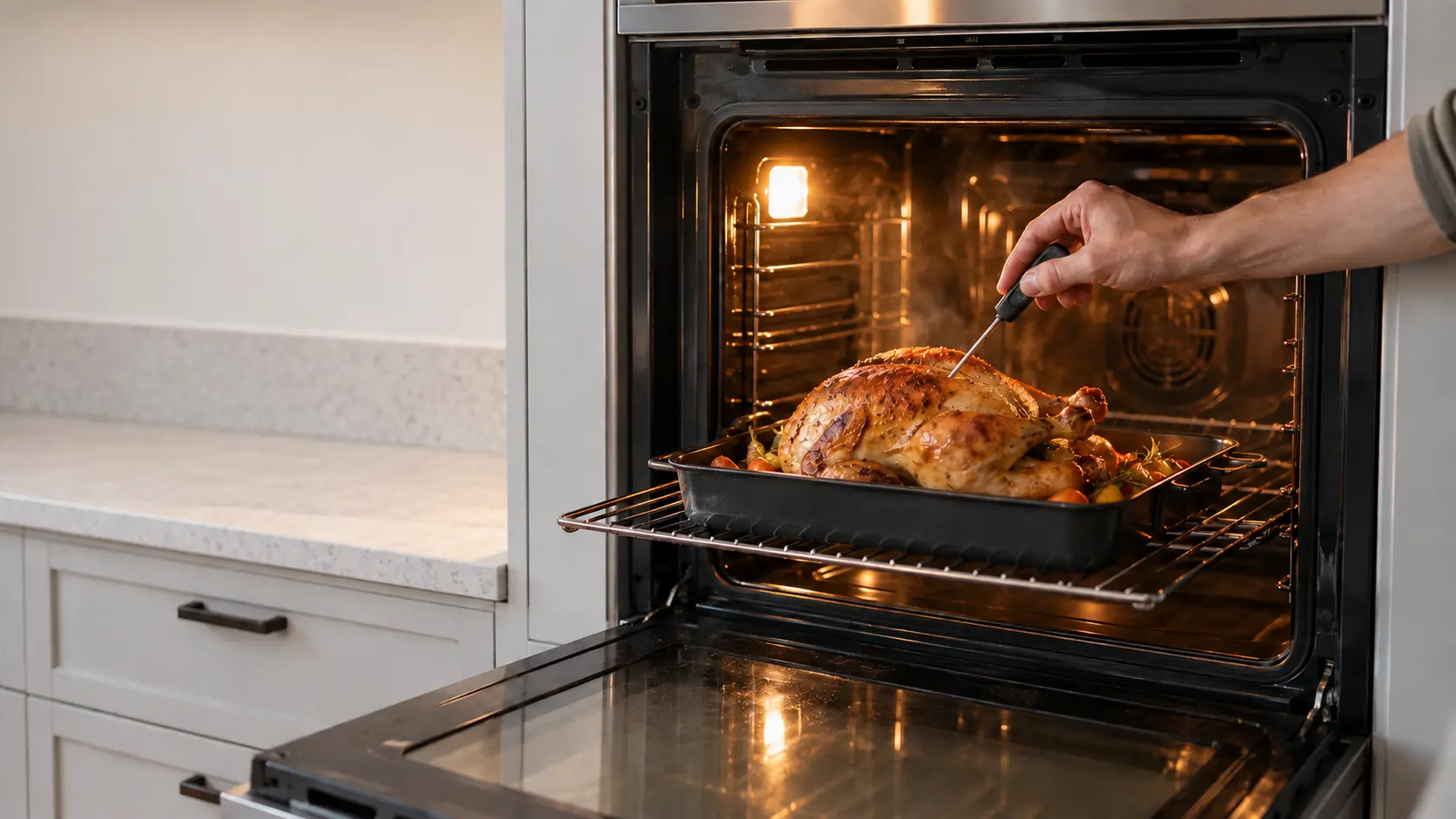A hand holding a food thermometer in a roast chicken on the pulled-out middle rack of a built-in wall oven in a US home kitchen, the oven light on and warm air shimmering from the cavity.