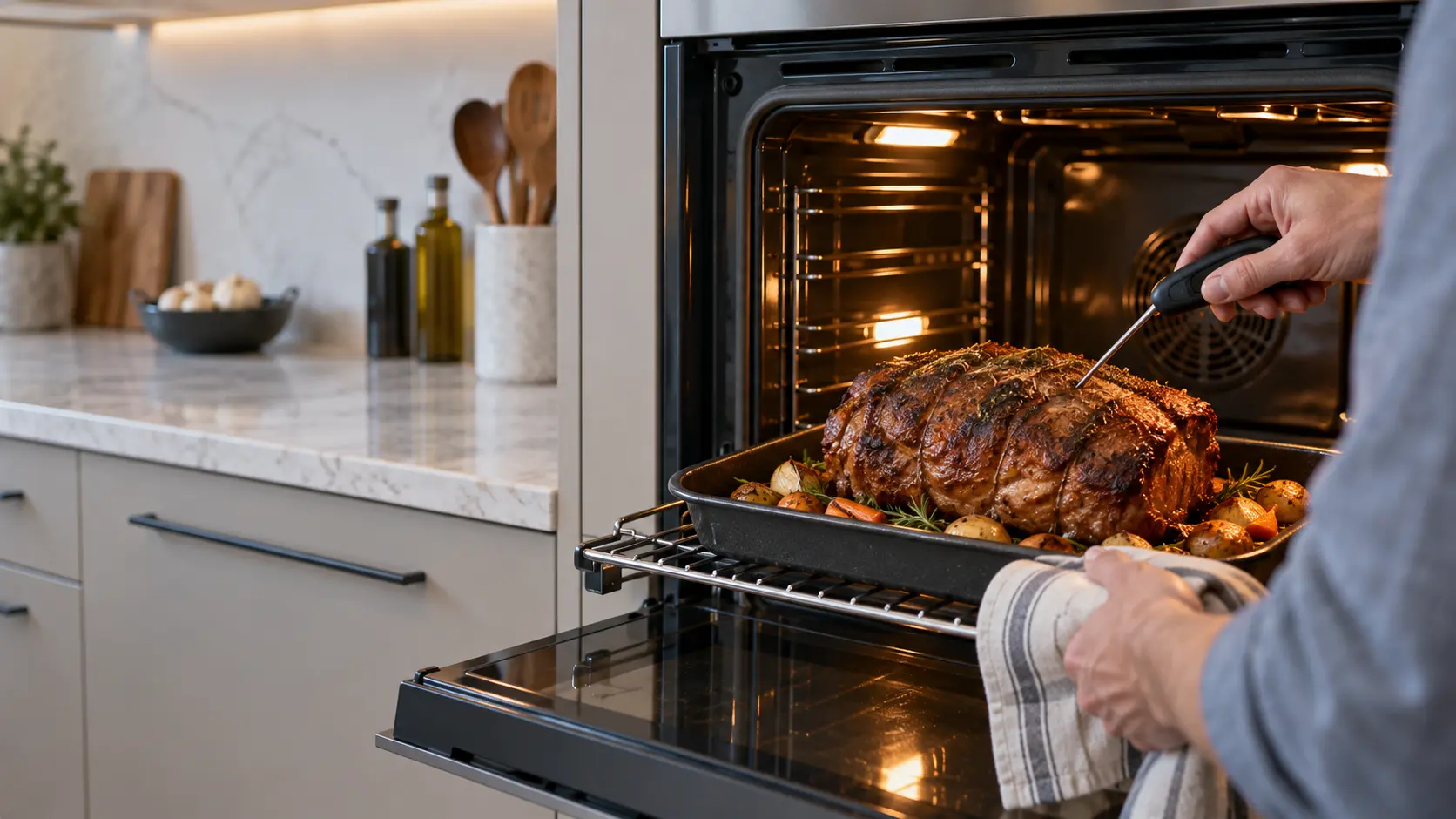 Close on a food thermometer in a roast resting on the open door of a wall oven.