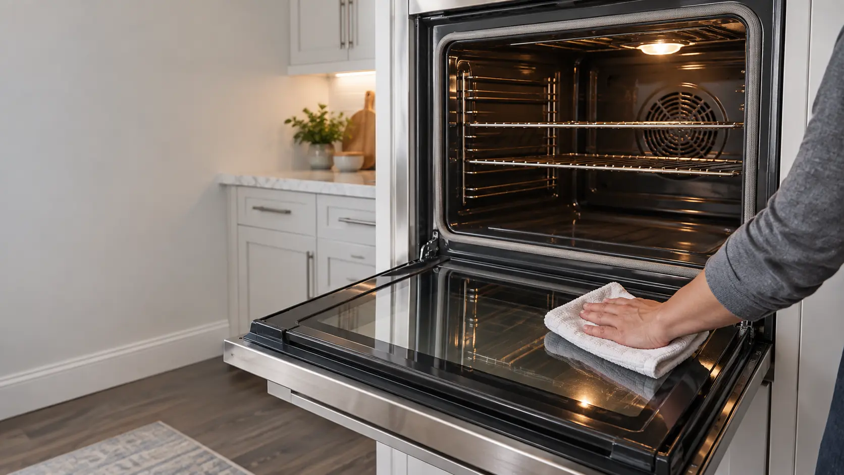 The open door of a stainless wall oven in a US home kitchen, a hand in a soft cloth wiping the inner glass while the woven fiberglass seal around the cavity opening stays untouched.