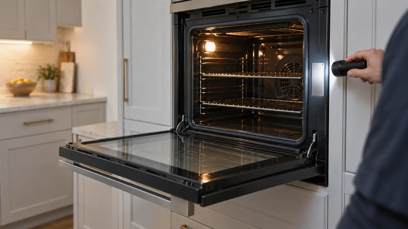 A built-in wall oven in a US home kitchen with its door lowered fully open and a flashlight beam falling on a small blank silver rating plate on the side of the oven frame.