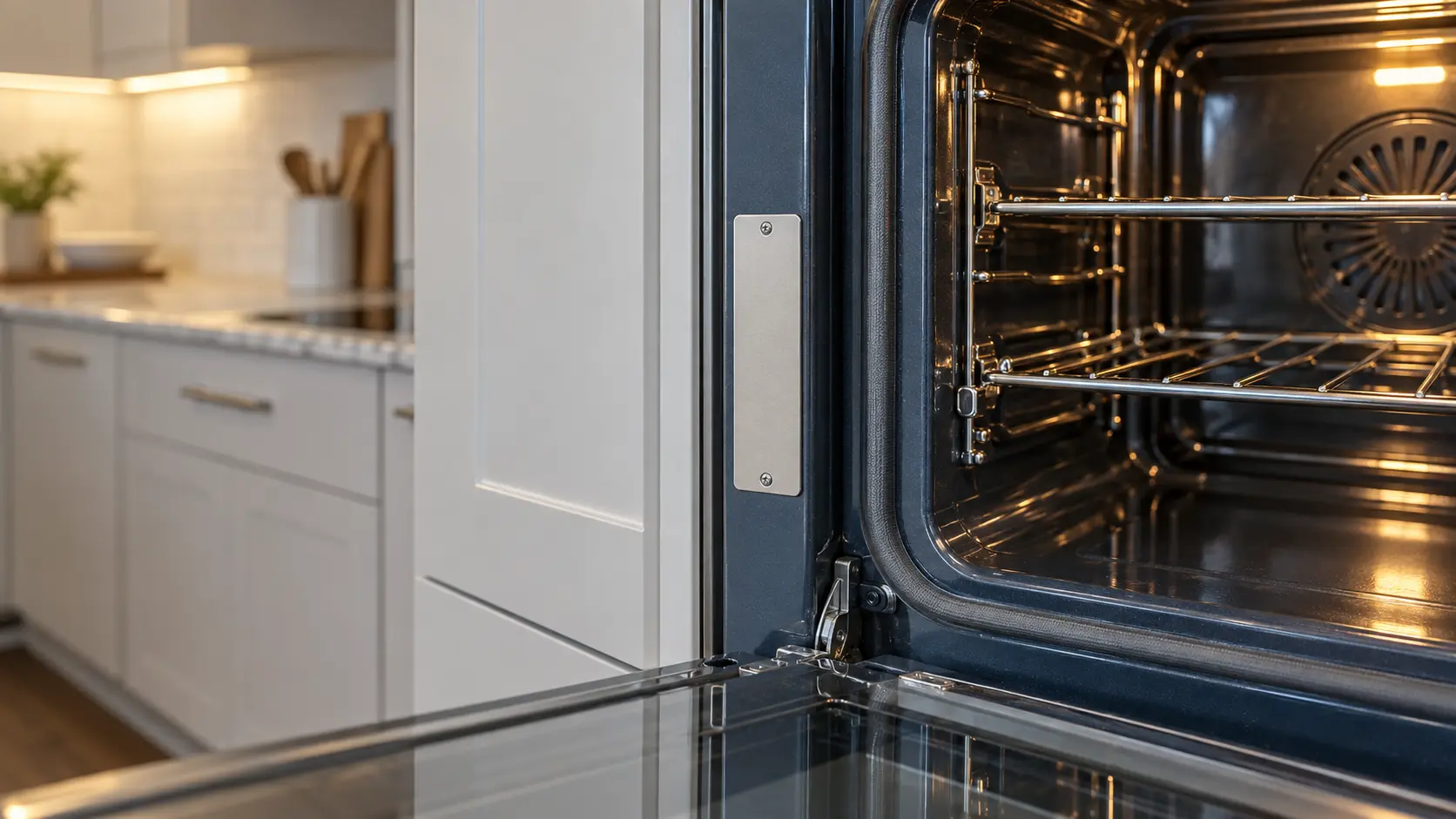 Close on a blank rating tag on the frame of a wall oven, exposed with the door open.