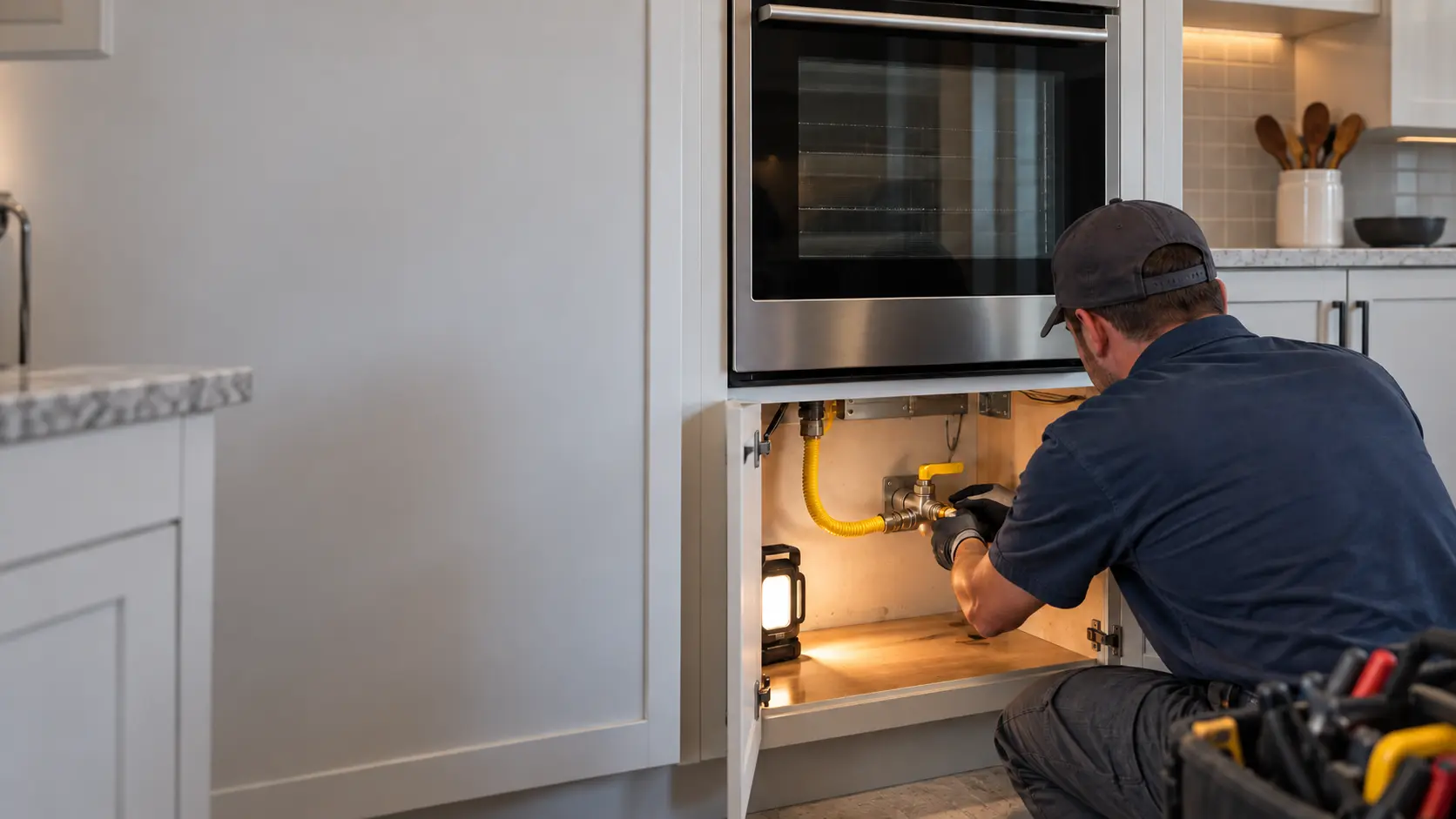 The open cabinet space beneath a built-in gas wall oven in a US home kitchen, a yellow-handled gas shutoff valve and a new coated flexible connector visible against the back wall, lit by a work light.