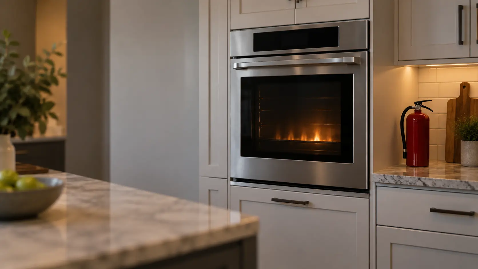A built-in wall oven in a US home kitchen with its door firmly closed and a low orange glow of flame behind the dark window glass, the control panel switched off and a fire extinguisher standing on the counter nearby.