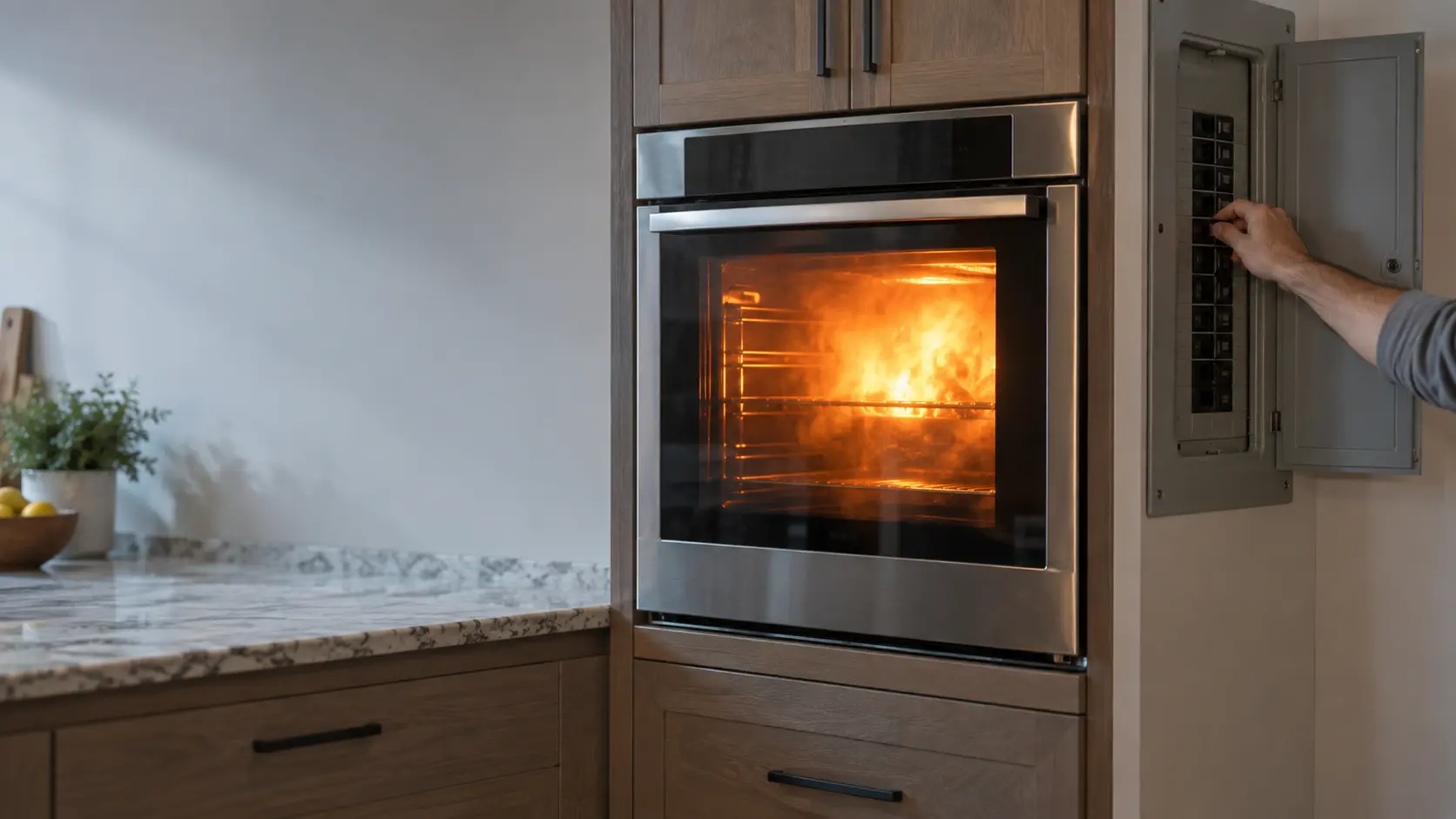 Close on the closed glass door of a wall oven with an orange glow inside, a hand reaching for the breaker panel beside it.
