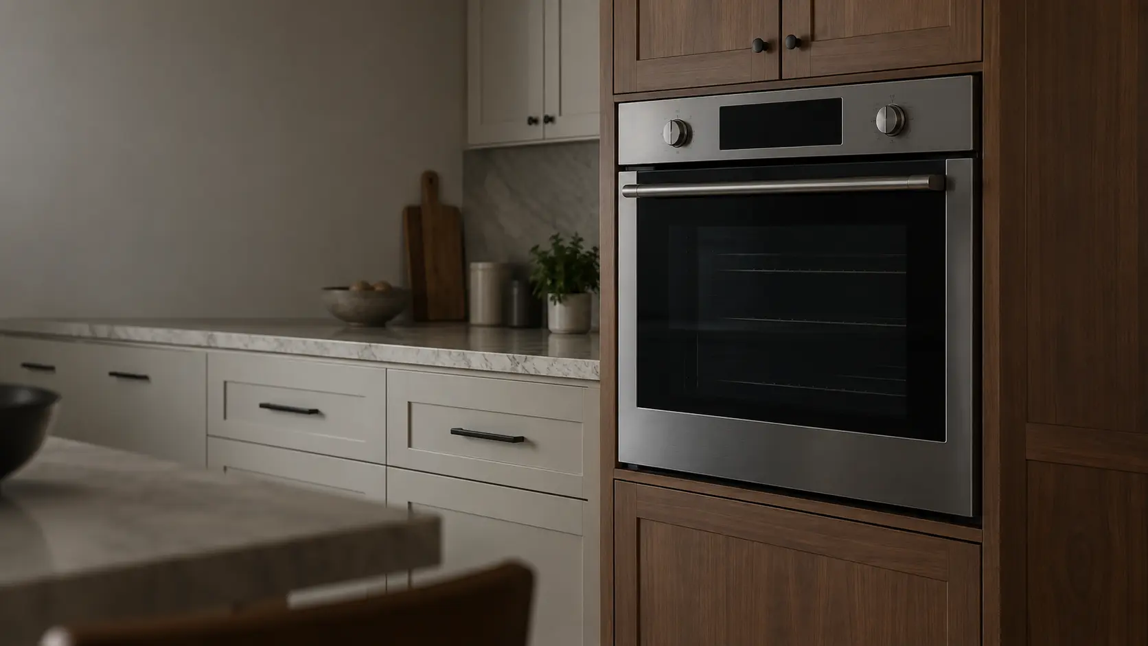 A built-in gas wall oven set into tall wood cabinetry in a quiet US home kitchen, its door shut and its display dark, with an empty kitchen and the lights left off.