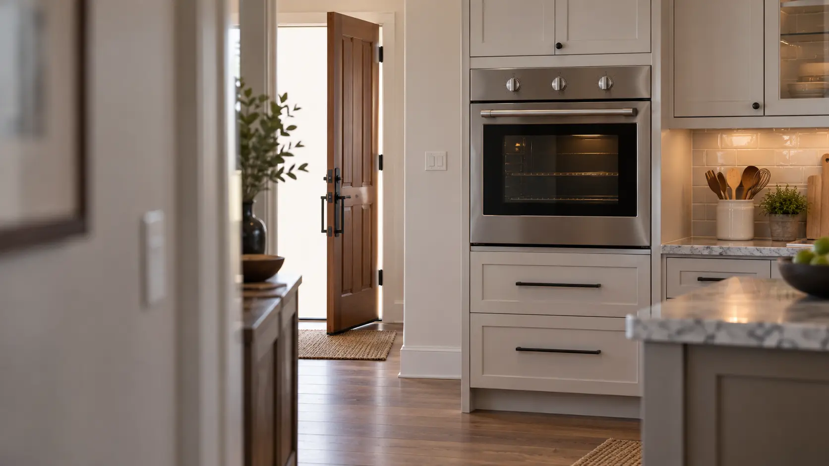 A kitchen seen from the hallway with a closed gas wall oven, the front door of the house standing open.