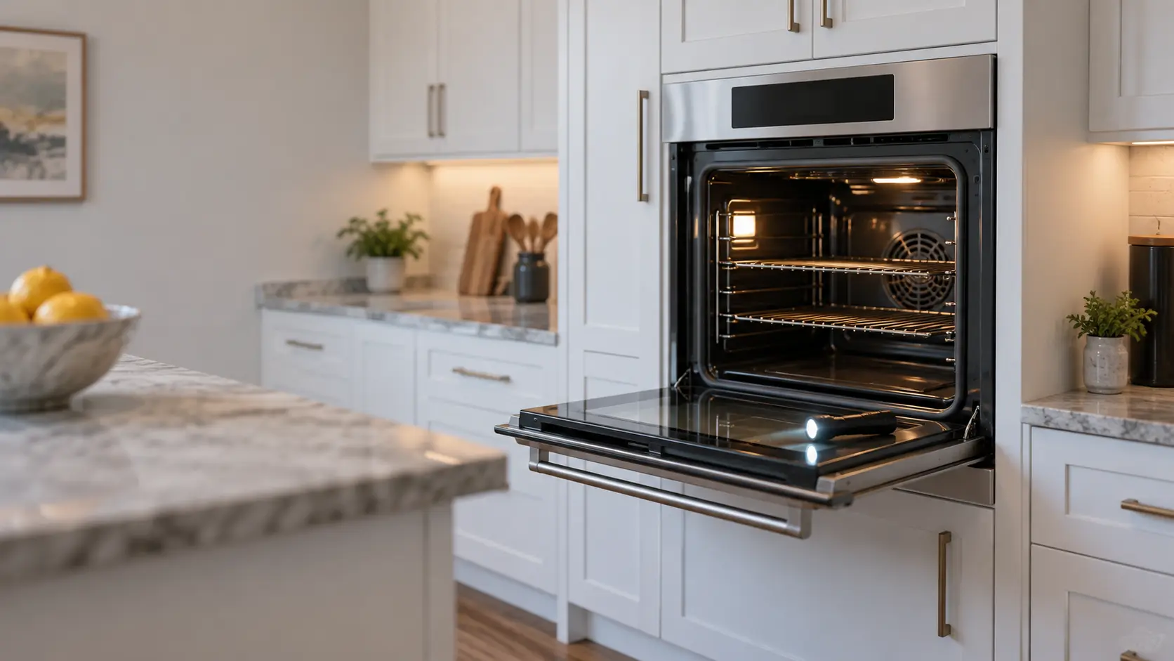 A stainless single wall oven set into white kitchen cabinetry in a US home, its door open with a technician's flashlight resting on the lowered door.