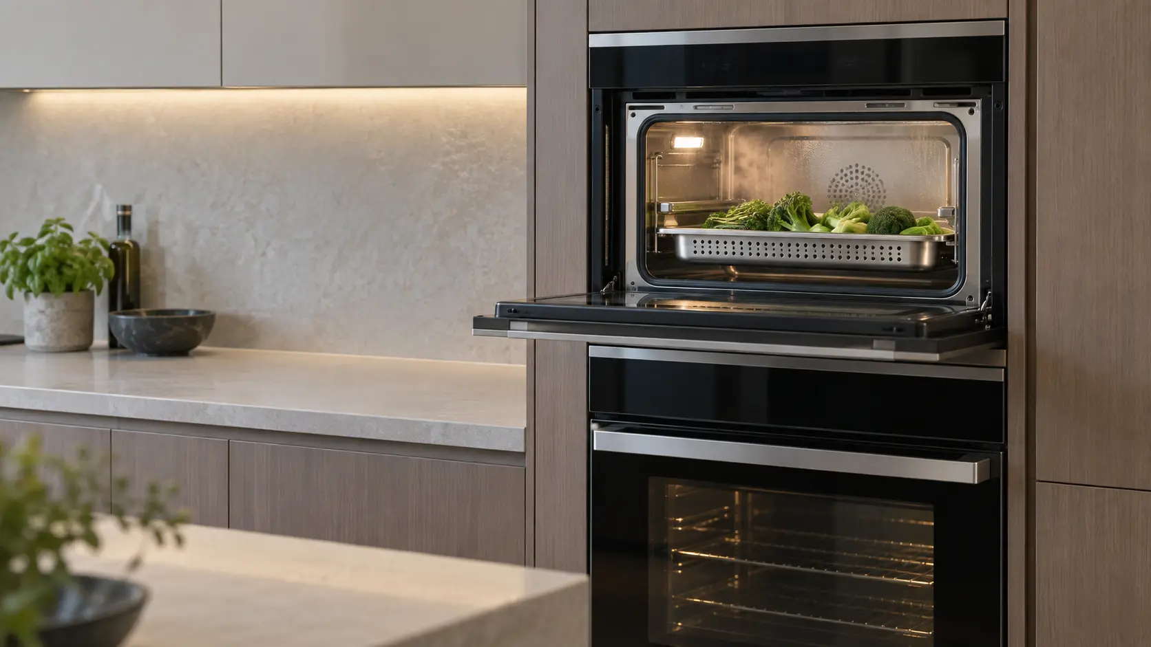 A compact steam oven built into cabinetry above a full-size wall oven in a US home kitchen, its door open with a perforated tray of green vegetables inside and a light haze of vapor.