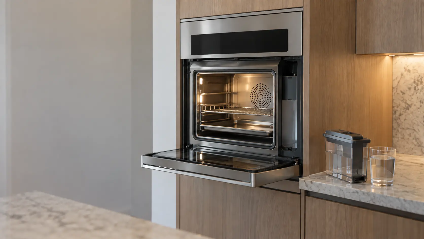 A stainless steam oven built into kitchen cabinetry at eye level in a US home, its small water tank pulled out and resting on the counter beside a clear glass of tap water.
