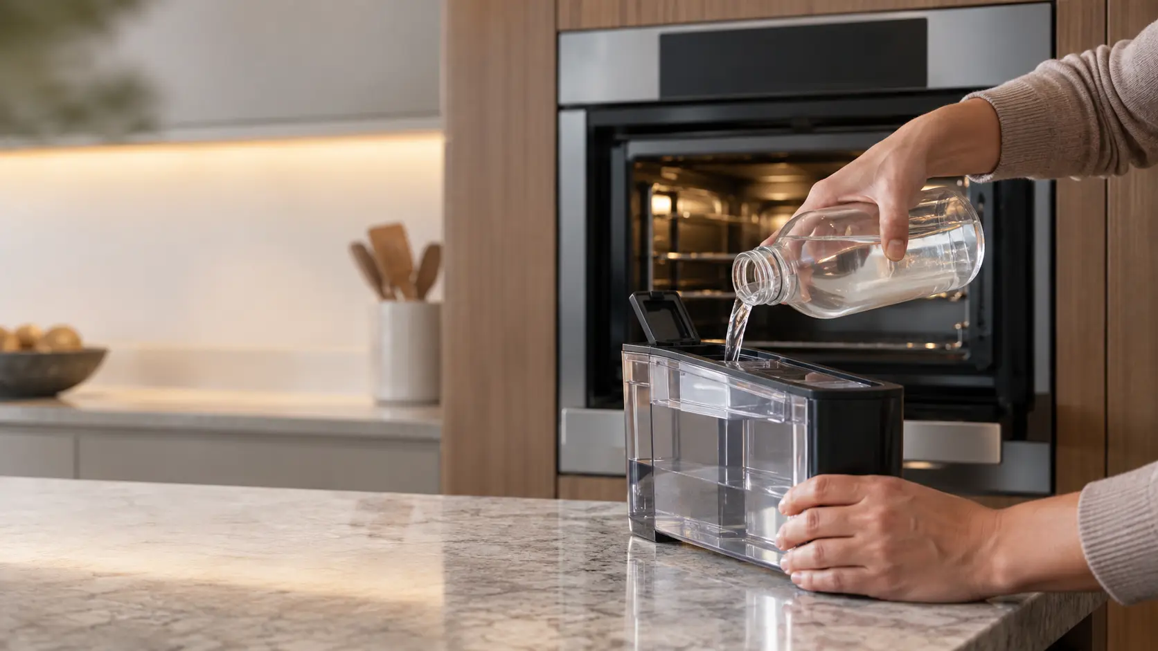 Close on a descaling solution being poured into the water tank of a steam oven on a kitchen counter.