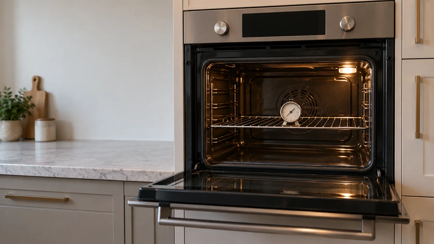 An open built-in wall oven in a US home kitchen with a single rack in the center position and a small oven thermometer standing in the middle of it, the oven light on.