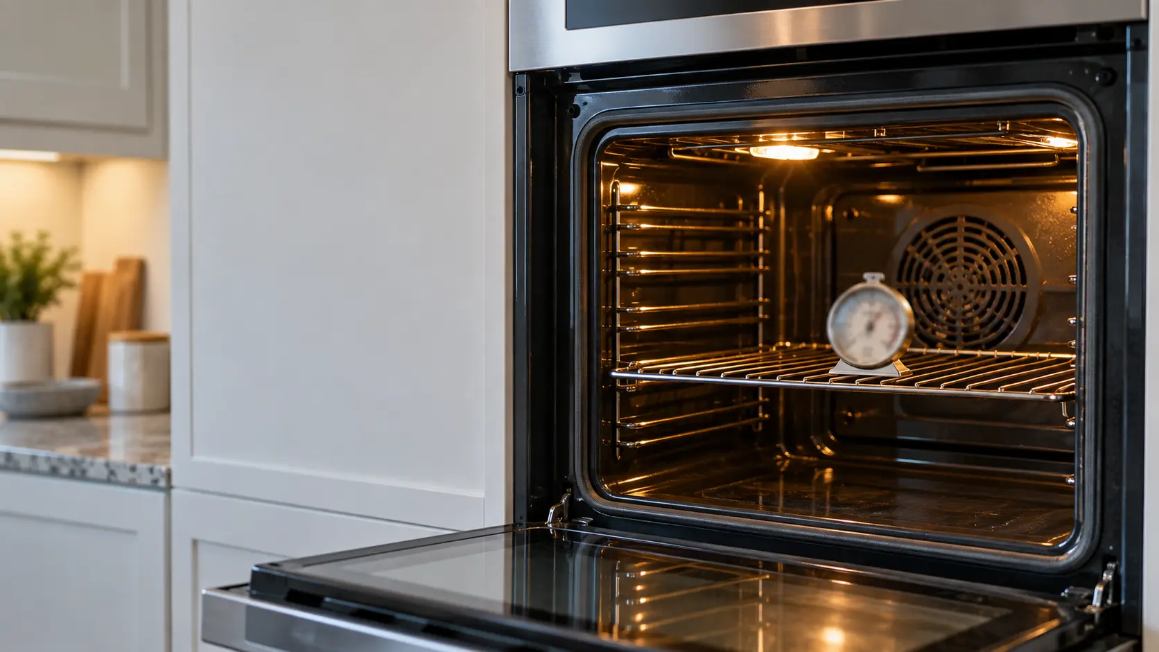 Close on an oven thermometer standing on the middle rack of a lit wall oven, the dial soft and unreadable.
