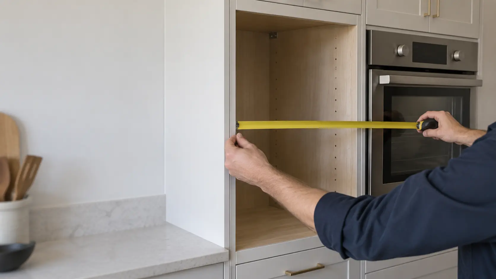 Close on a tape measure across the empty cutout of a kitchen cabinet waiting for a wall oven.