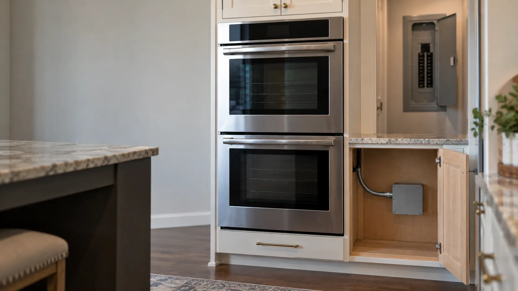 The open lower cabinet beside a built-in double wall oven in a US home kitchen, a gray metal junction box with flexible conduit looping from the oven's side, and the kitchen's breaker panel door open on the wall beyond.