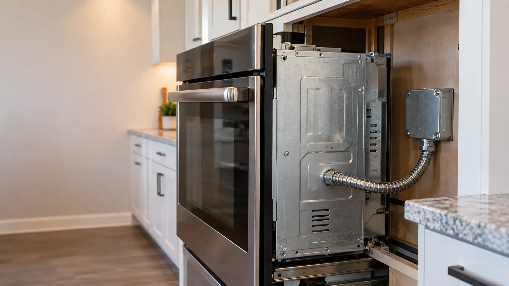 Close on the metal junction box and flexible conduit behind a wall oven slid partly out of its cabinet.