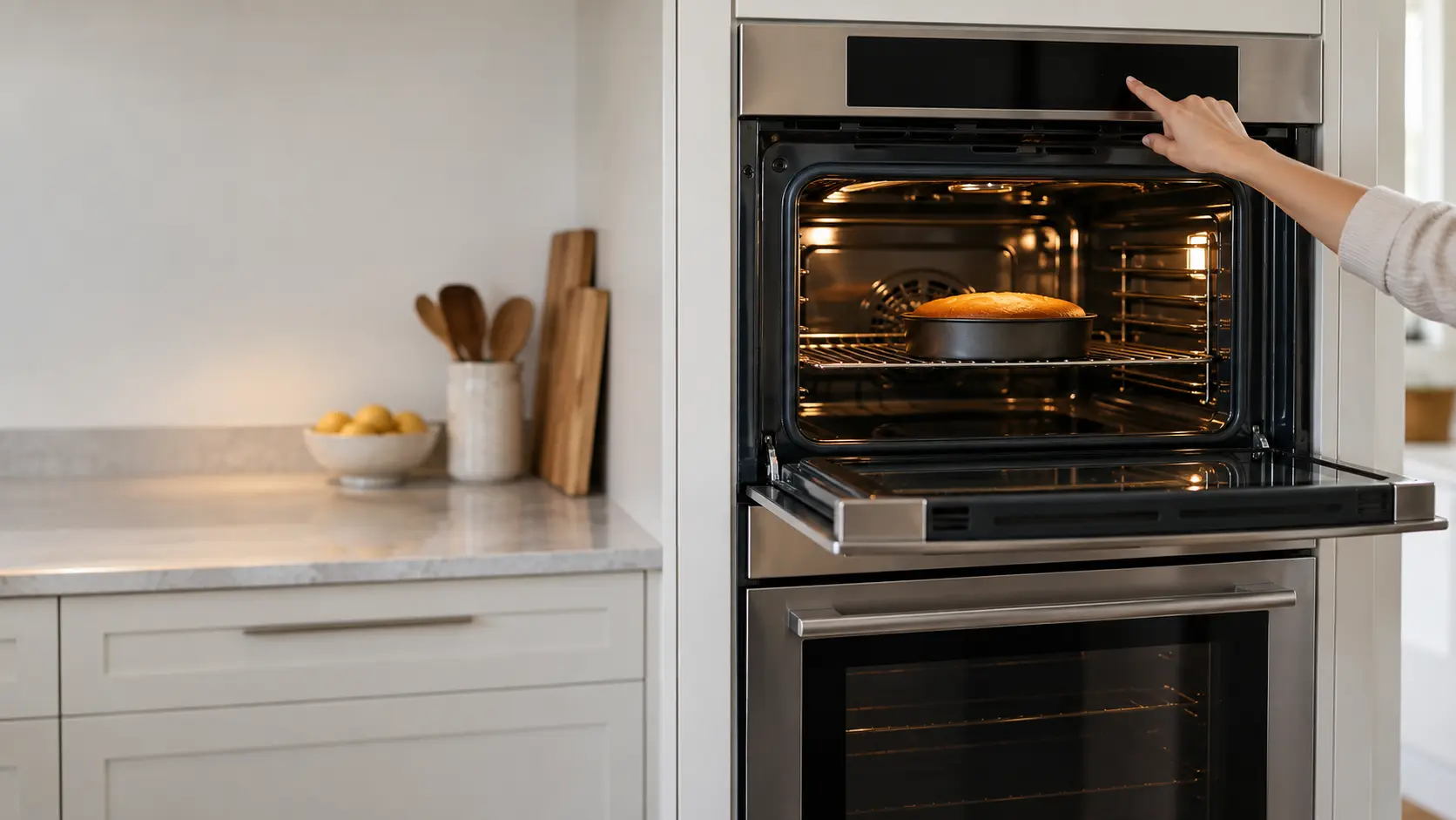 A built-in double wall oven in a US home kitchen with the upper door open, a golden cake on the center rack and a hand adjusting the touch controls above the door.