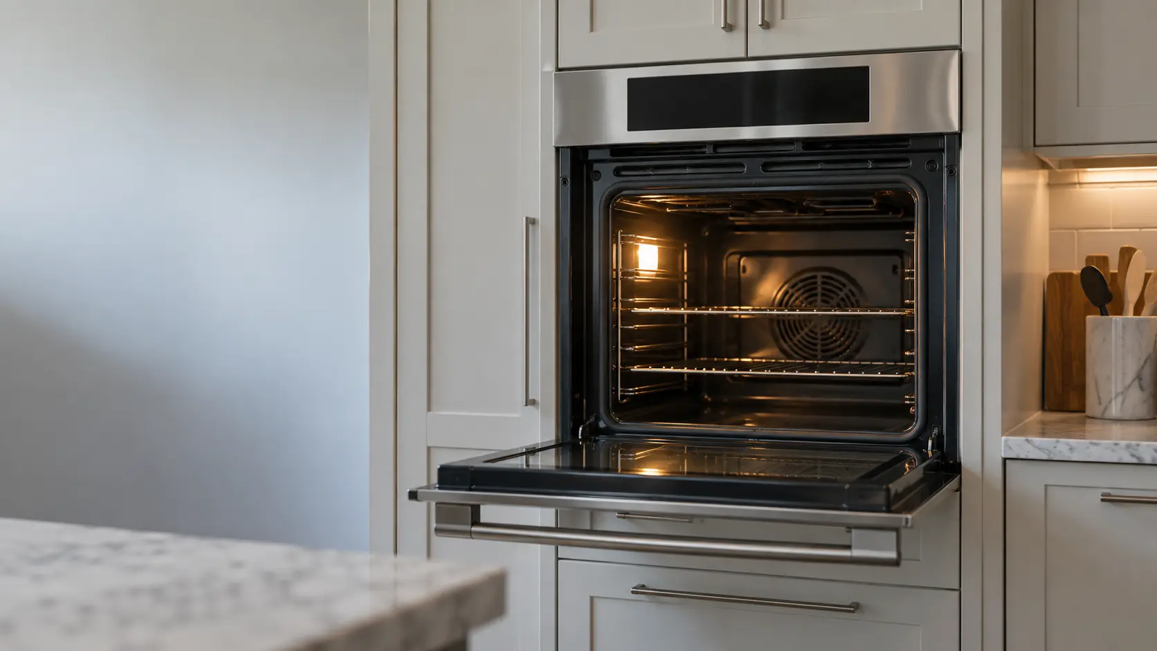 A stainless built-in single wall oven in a US home kitchen with its door open, the oven light on and the broil element at the top of the cavity dark and cold.