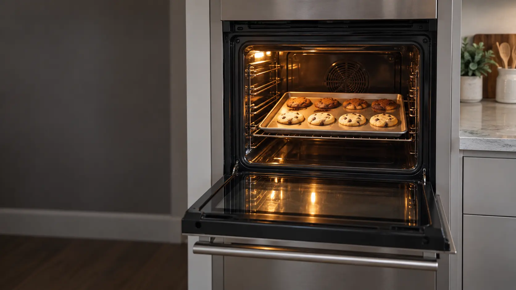 An open built-in wall oven in a US home kitchen with a sheet of cookies on the center rack, dark brown along the back row and pale along the front.