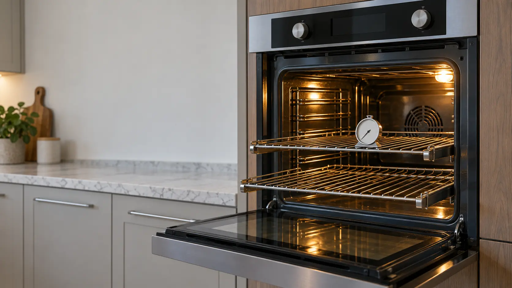 An open wall oven with its racks pulled out and an oven thermometer standing on the middle rack.