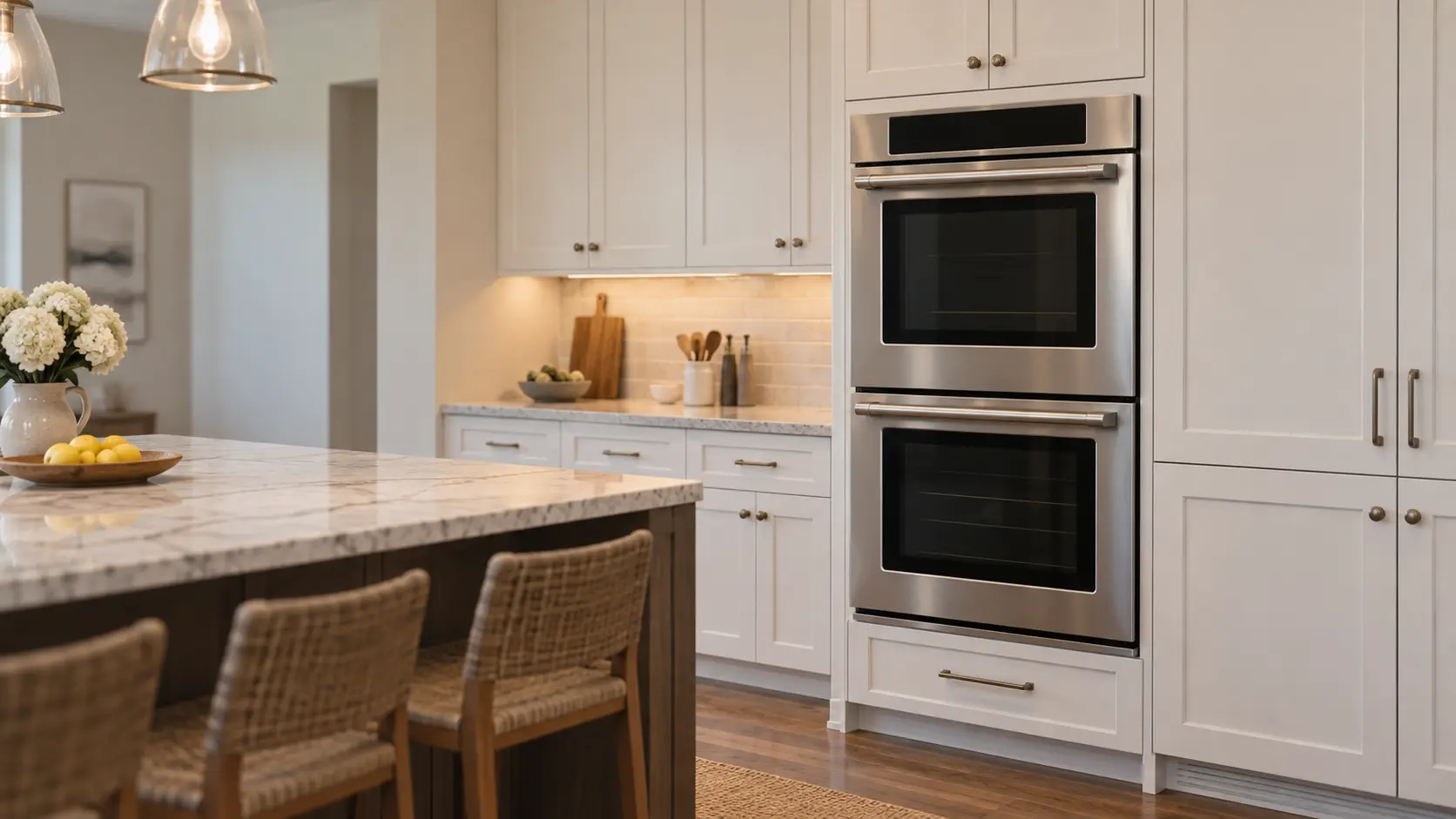 A bright family kitchen with a double wall oven in a run of tall cabinets, seen from across the room.