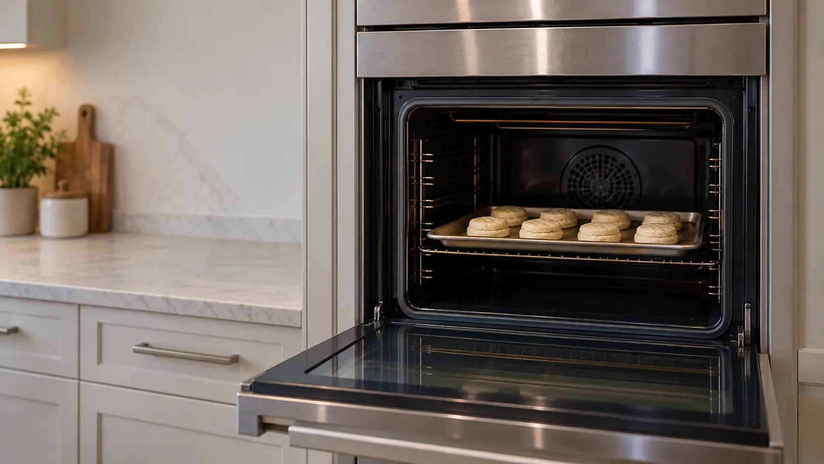A tray of pale, unrisen biscuits in a wall oven that has not come up to heat, the element dark.