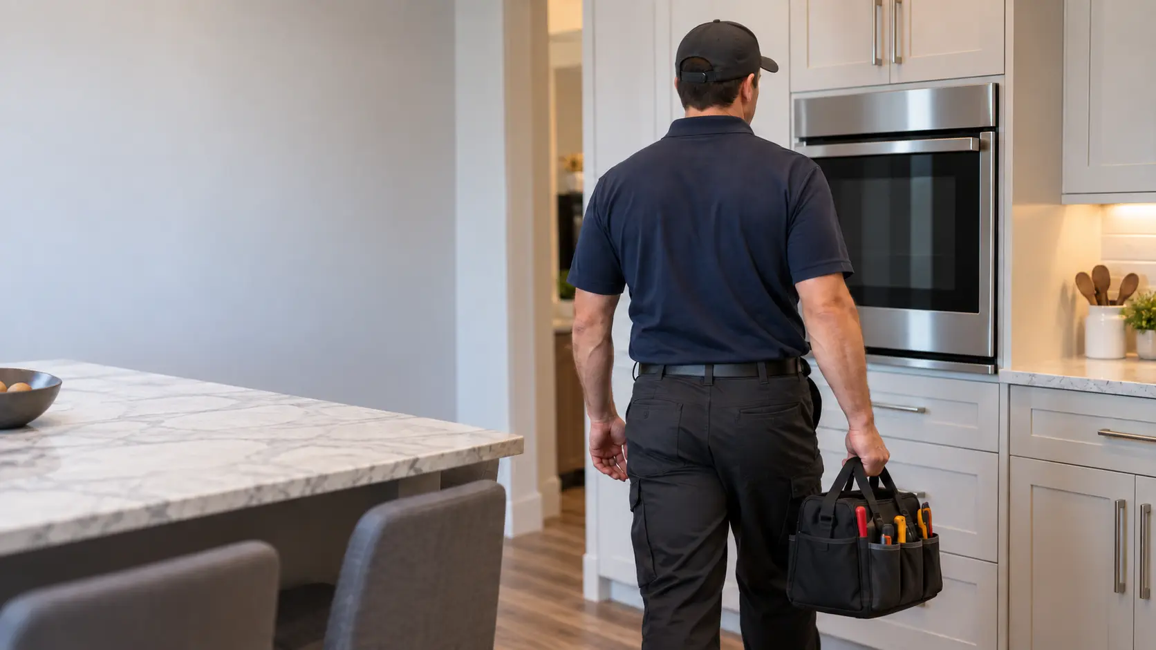 A technician arriving in a kitchen with a tool bag, a closed wall oven ahead, seen from behind.