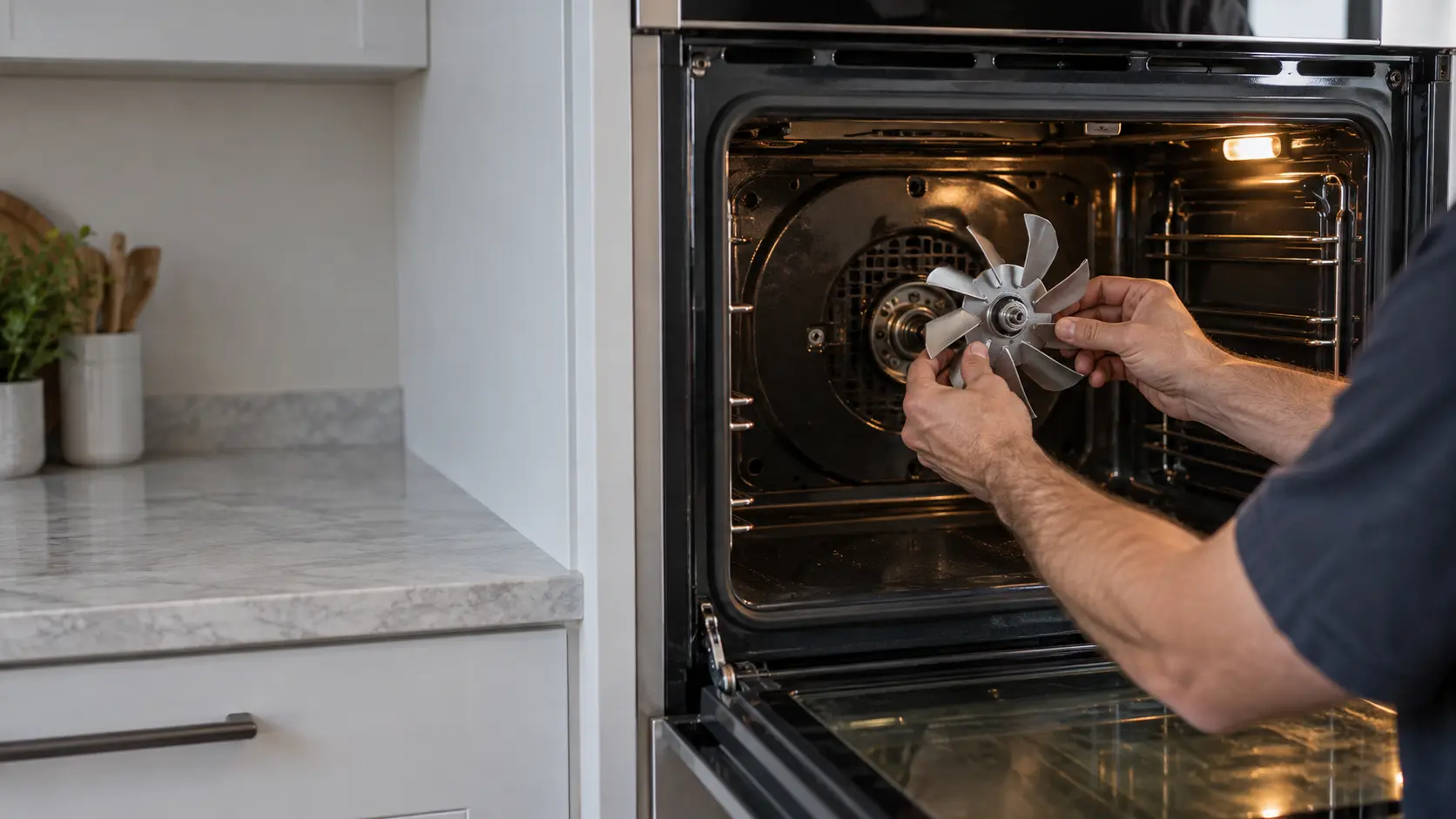 A technician's hands fitting a new convection fan blade at the back of an empty wall oven cavity.