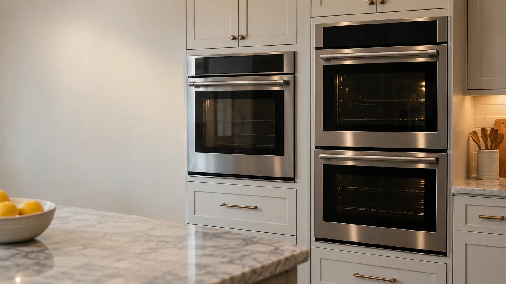 A kitchen wall showing a single wall oven next to a double wall oven, both closed.