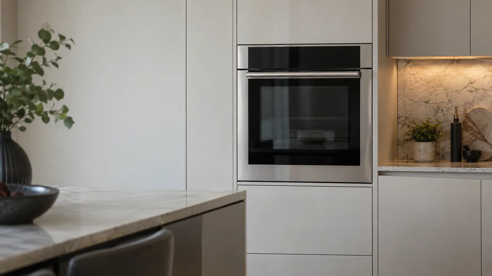 A built-in wall oven in a high-rise condo kitchen with a flush black-glass wall oven in pale lacquer cabinets and a bay view kept out of frame, seen square on from across the room.